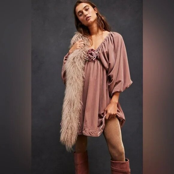 Free People Portia Lantern Sleeve Velvet Mini Dress in Winter Bloom NWT Small - Picture 2 of 13